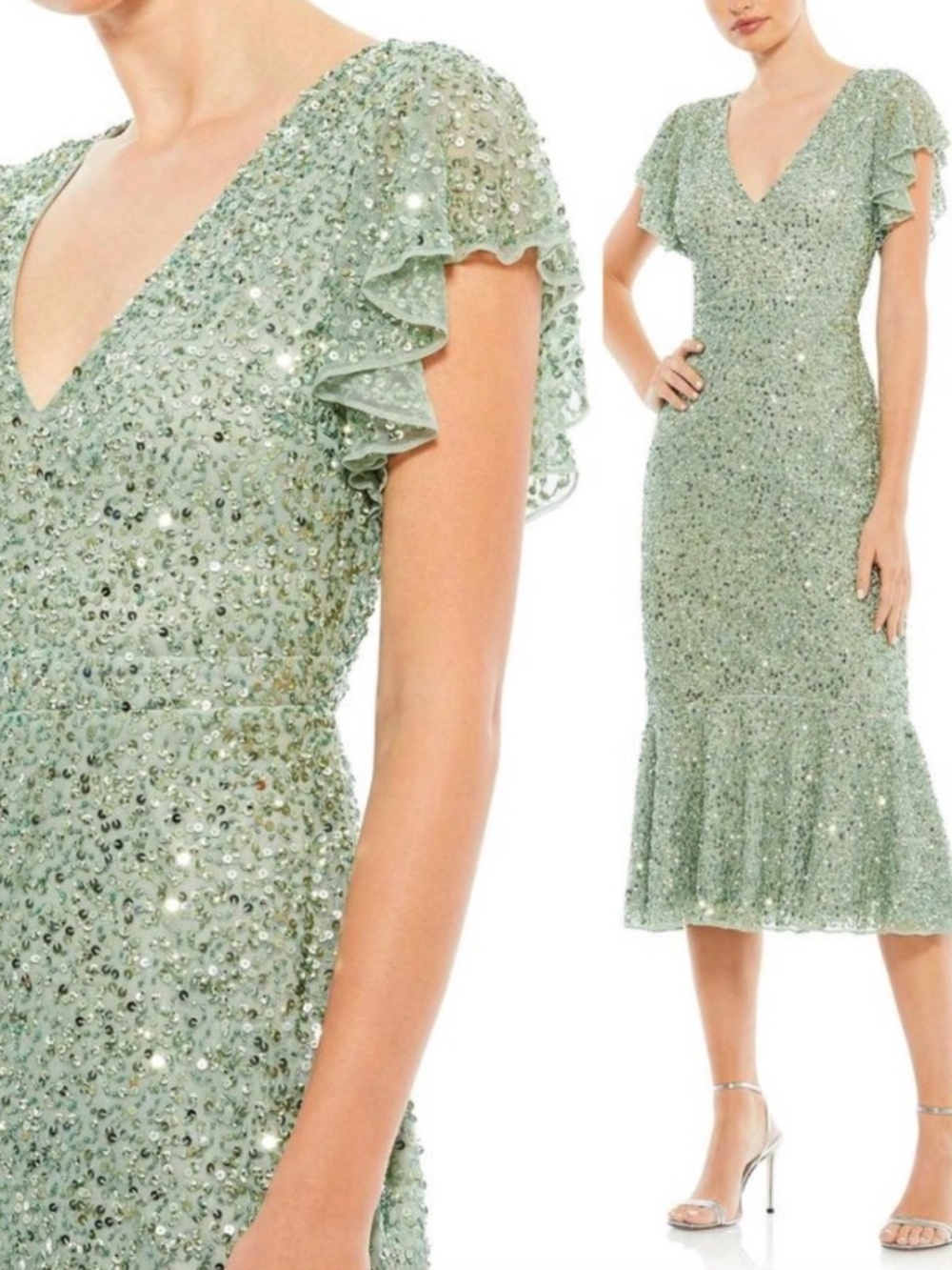 Mac Duggal 10801 Sage Sequin Deep V-Neck Midi Dress